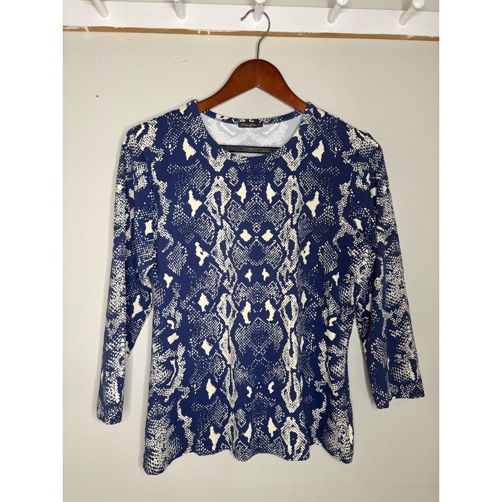 J.McLaughlin‎ Snake Print Knit Top Blue White 3/4 Sleeve Womens M